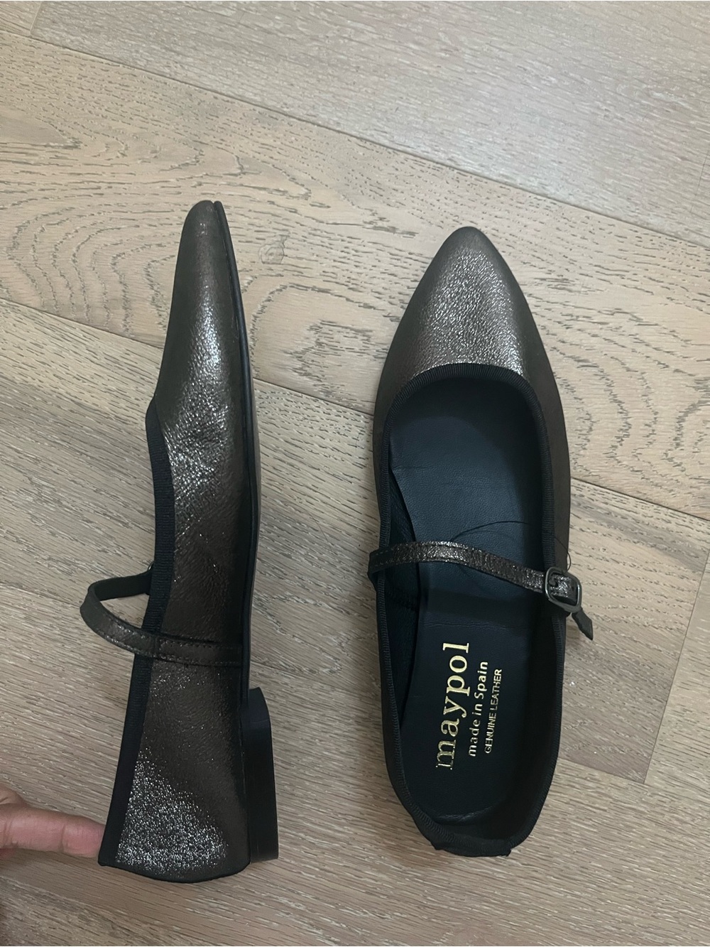 Maypol Metallic Bronze Leather Mary Jane Flats with Buckle Strap